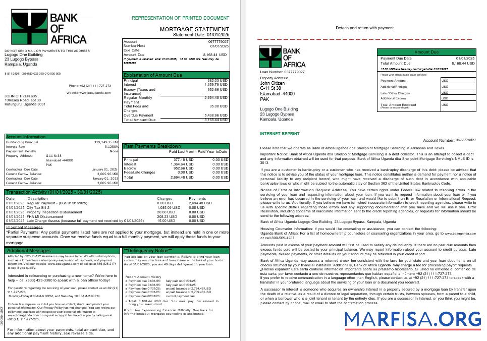 Downloadable Uganda Bank of Africa mortgage statement in Word and PDF formats, 3 pages 1 2 template
